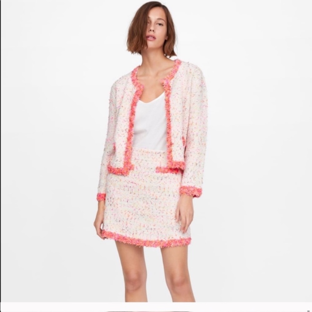 Zara Pink-Trim Tweed Blazer and Skirt Set